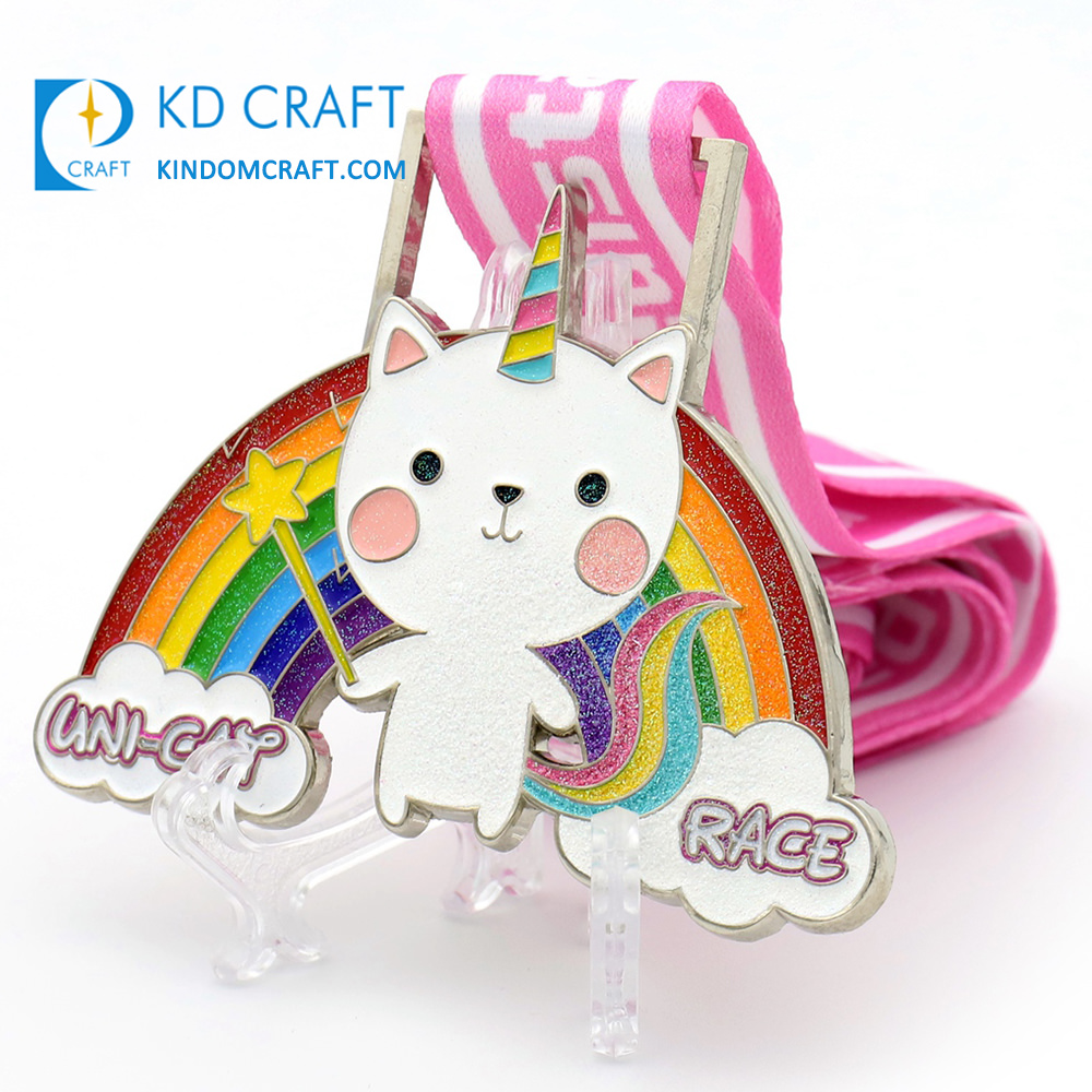 Custom metal rainbow enamel glitter cute cartoon kawaii cat unicorn souvenir running race medal