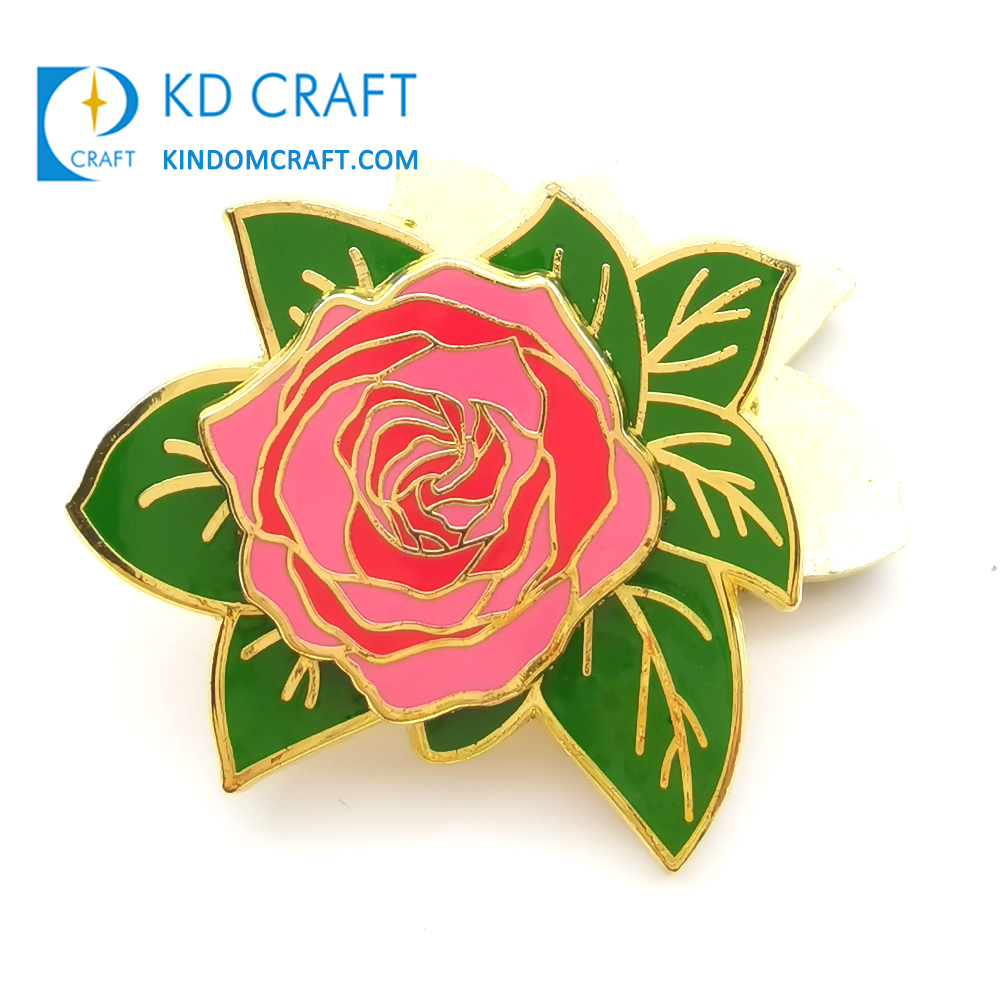 Custom Lapel Pin Badge gold plated metal plant flower pink rose enamel pin